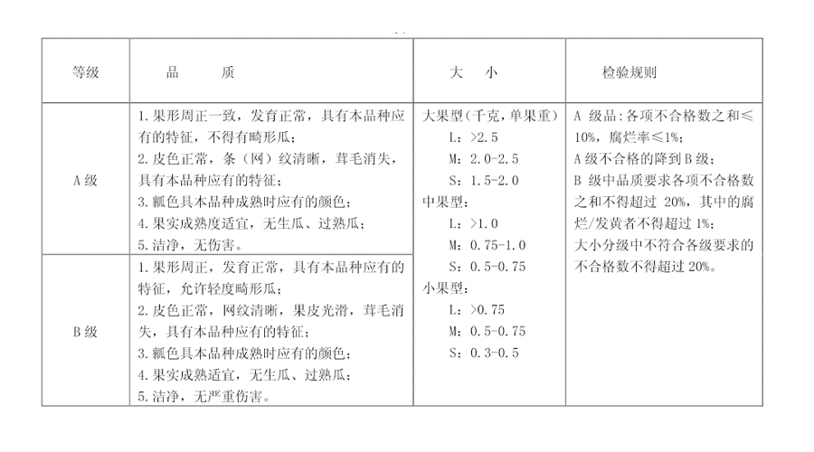 甜瓜放冷庫(kù)前的分級(jí)標(biāo)準(zhǔn)